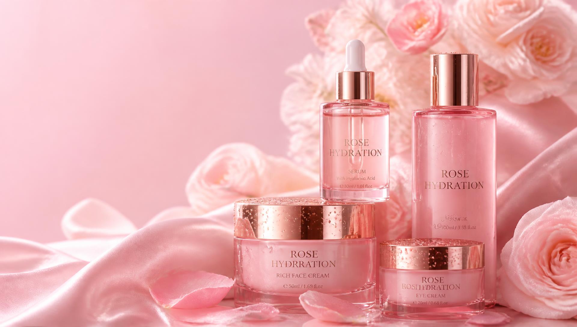 Pink rose hydration skincare collection on silk